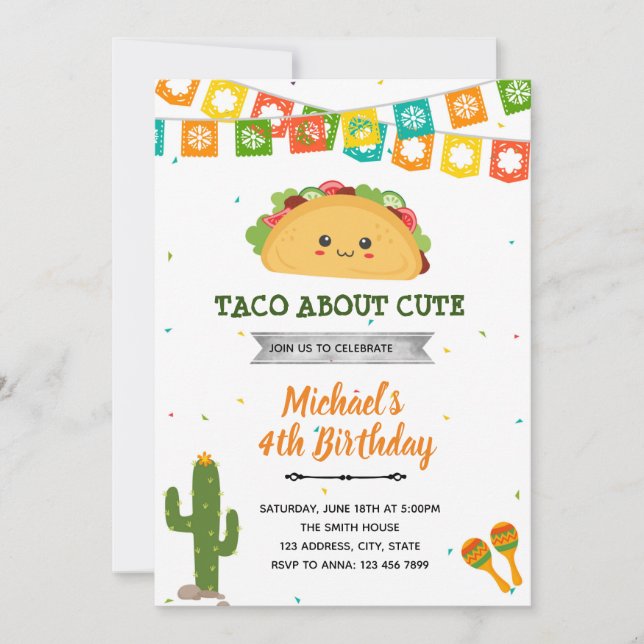 Invitation d'anniversaire fête taco sur mignon (Devant)