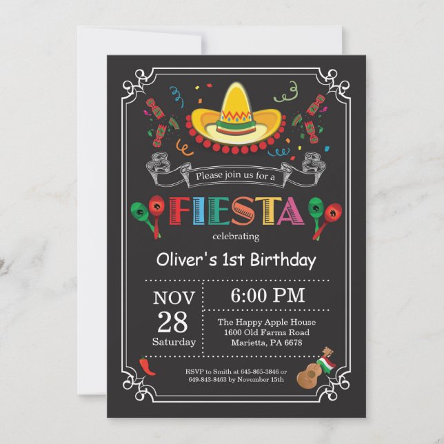 Invitation d'anniversaire Fiesta Chalkboard mexica (Devant)