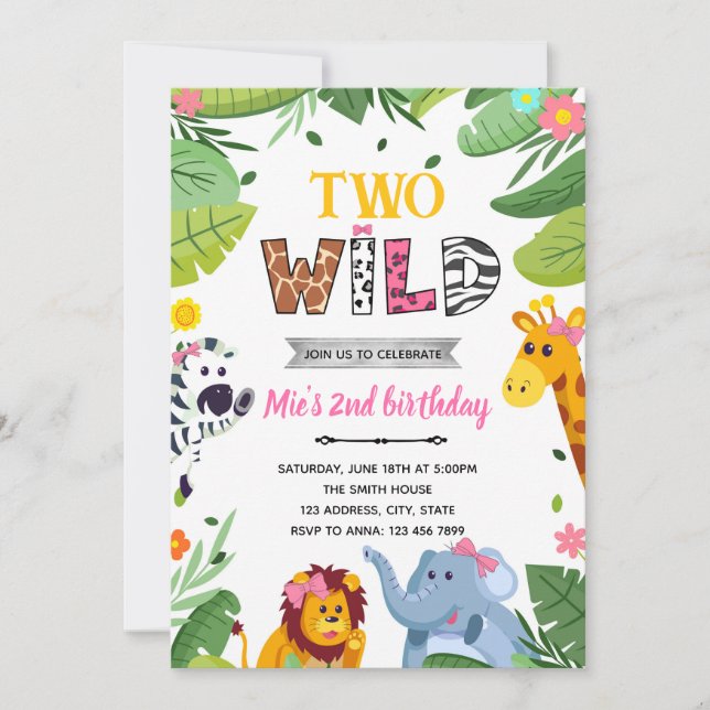 Invitation d'anniversaire fille animaux sauvages j (Devant)