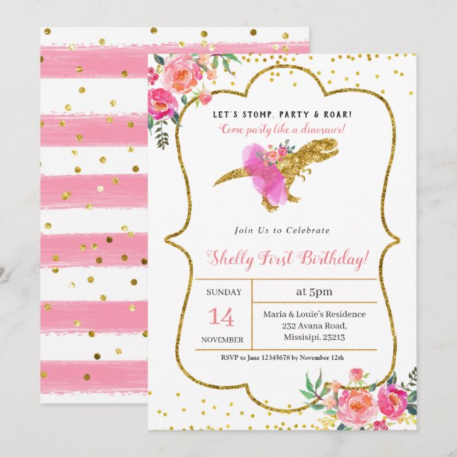 Invitation d'anniversaire FILLE DINOSAURE Or Rose (Devant / Derrière)