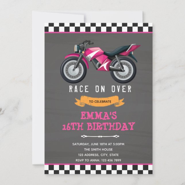 Invitation d'anniversaire fille moto rose (Devant)