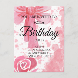 Invitation d'anniversaire Fille Ruban Rose