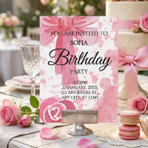 Invitation d'anniversaire Fille Ruban Rose