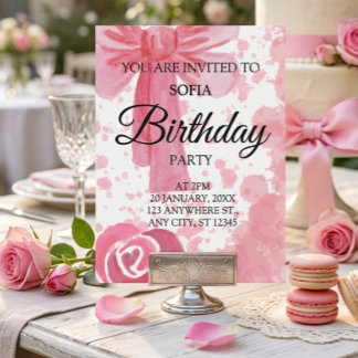 Invitation d'anniversaire Fille Ruban Rose