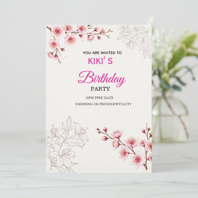 Invitation d'anniversaire Fleur de cerisier rose | (Debout devant)