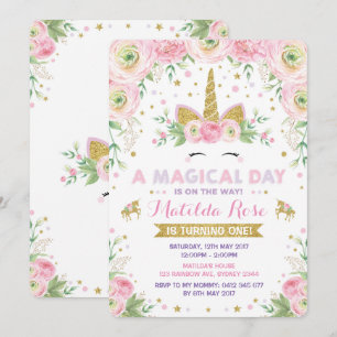 Invitation d'anniversaire Floral Unicorn Pink Gold