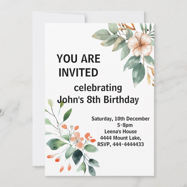 Invitation d'anniversaire florale élégante (Devant)