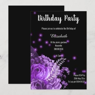 INVITATION D'ANNIVERSAIRE FLORALE NOIR PURPLE ÉLÉG
