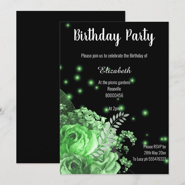INVITATION D'ANNIVERSAIRE FLORALE VERT ÉLÉGANT (Devant / Derrière)