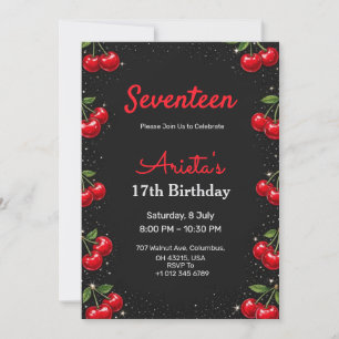 Invitation d'anniversaire fond noir thème cerises