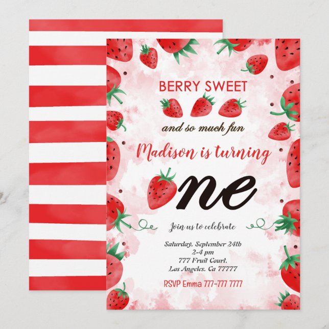 Invitation d'anniversaire fraise modifiable (Devant / Derrière)