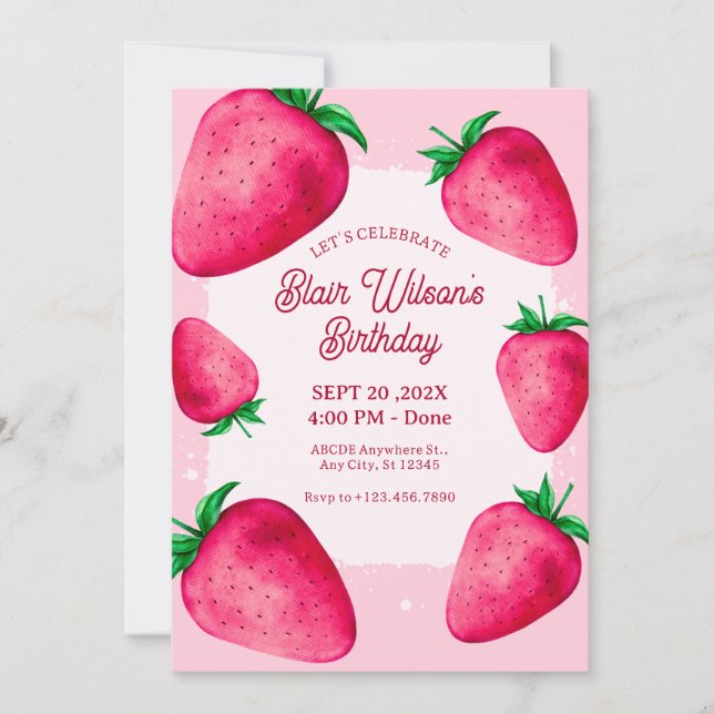 Invitation d'anniversaire fraise rose (Devant)