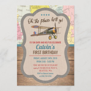 Invitation d'anniversaire garçon avion vintage - T