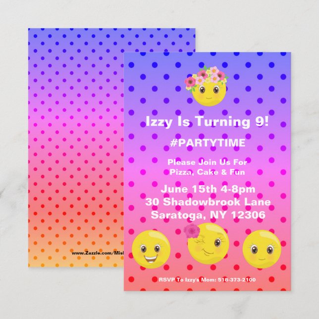 Invitation d'anniversaire Girly Polkadot Emoji (Devant / Derrière)