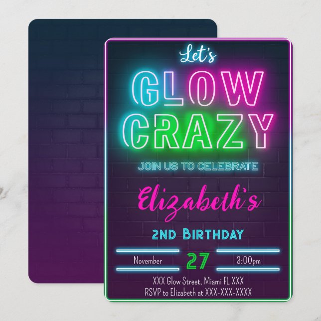 Invitation d'anniversaire Glow (Devant / Derrière)