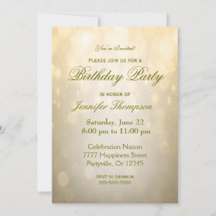 Invitation d'anniversaire Gold Bokeh