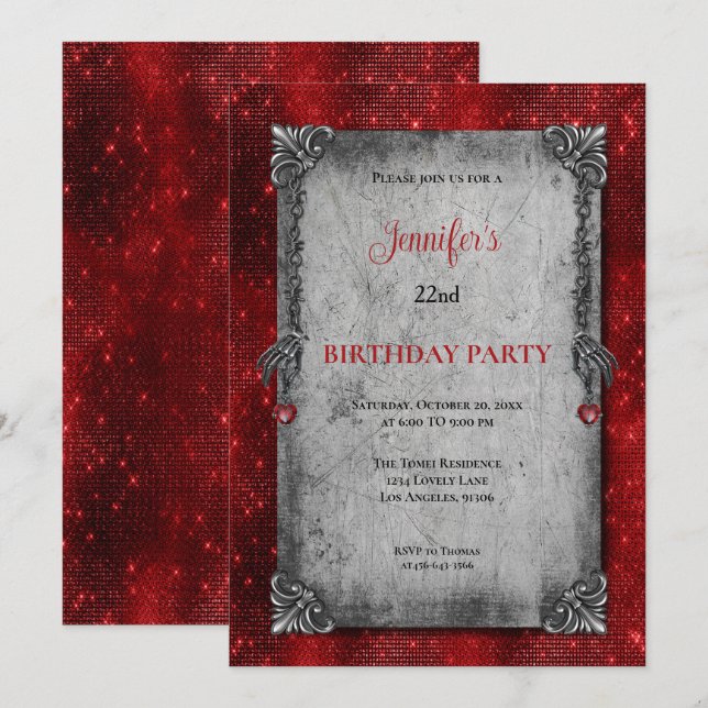 Invitation d'anniversaire gothique rouge foncé (Devant / Derrière)