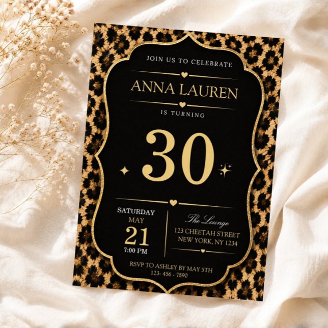 Invitation d'anniversaire guépard impression noir  (30th birthday invitation, cheetah print invite, leopard birthday invite, black gold invitation, glam)