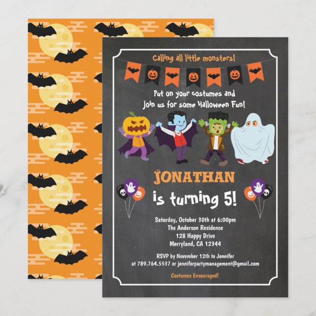 Invitation d'anniversaire Halloween pour enfant ta (Devant / Derrière)
