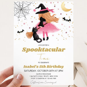 Invitation d'anniversaire Halloween Sorcière Rose