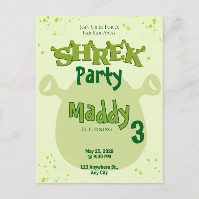 Invitation d'anniversaire inspirée de Shrek | Très (Devant)