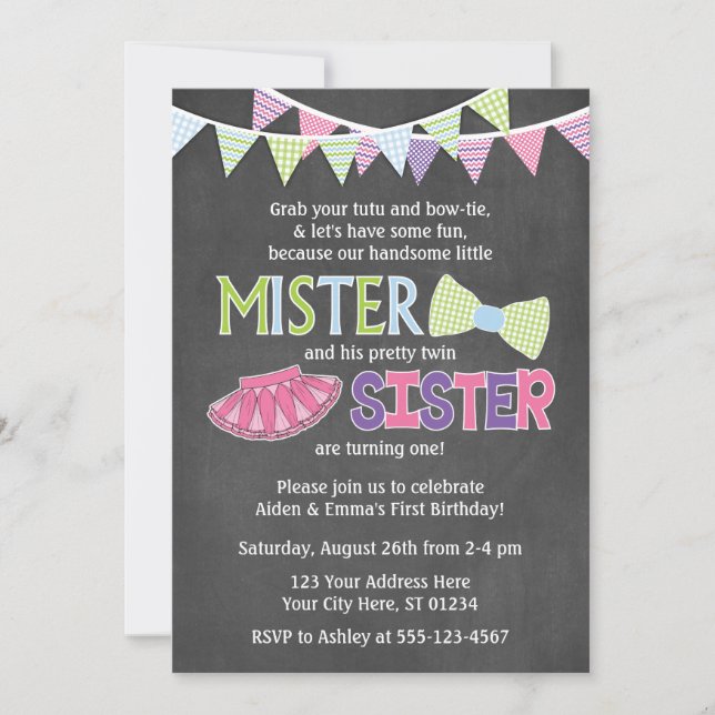 Invitation d'anniversaire jumeaux | Tutus et Invit (Devant)
