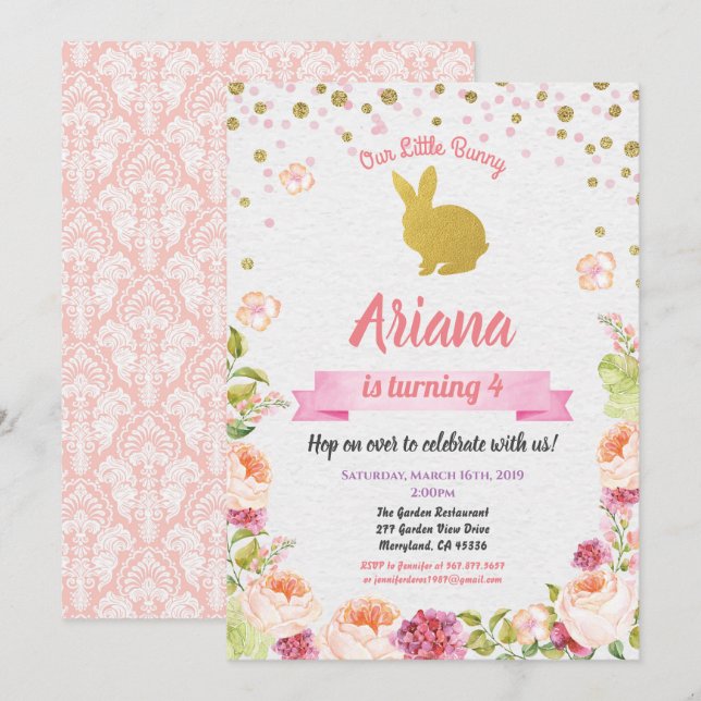 Invitation d'anniversaire lapin de Pâques pour fil (Devant / Derrière)