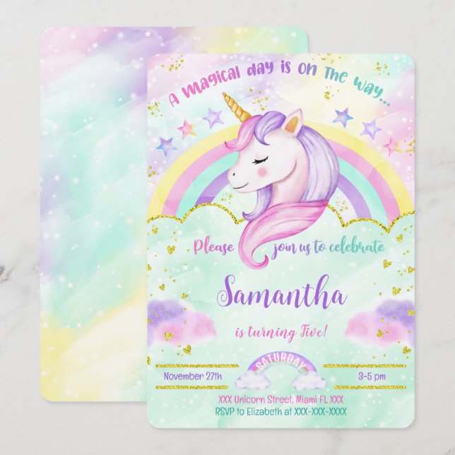Invitation d'anniversaire licorne  (Devant / Derrière)