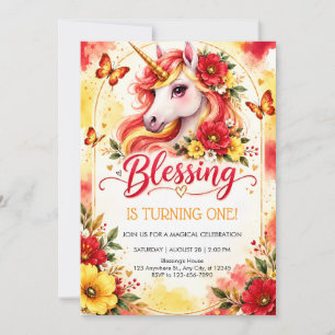 Invitation d'anniversaire licorne aquarelle rouge