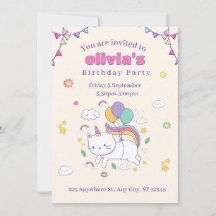 Invitation d'anniversaire licorne chat arc-en-ciel