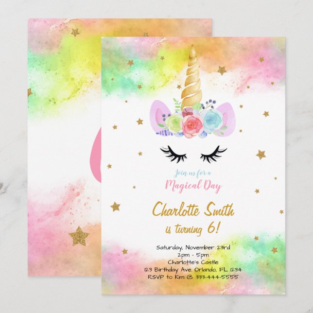 Invitation d'anniversaire licorne colorée (Devant / Derrière)