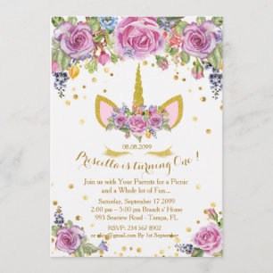 Invitation d'anniversaire, licorne, fleurs, blanc