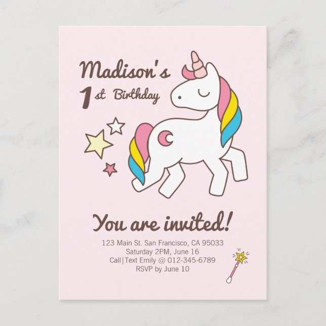 Invitation d'anniversaire licorne mignonne & étoil (Devant)