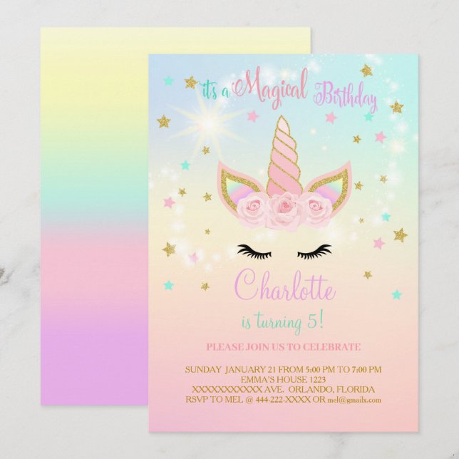 Invitation d'anniversaire licorne rose et sarcelle (Devant / Derrière)