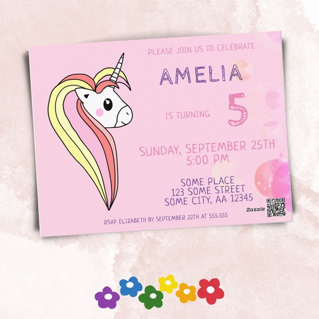 Invitation d'anniversaire licorne rose pour enfant (Créateur téléchargé)