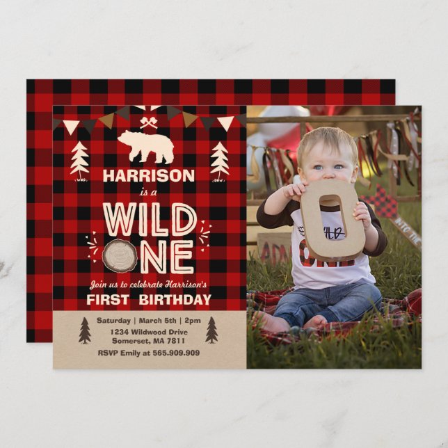 Invitation d'anniversaire Lumberjack Wild One (Devant / Derrière)