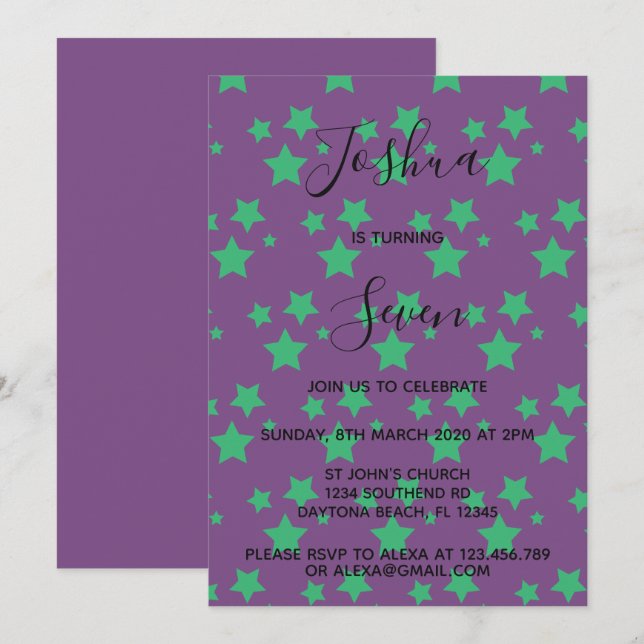 Invitation d'anniversaire Magic Star Green (Devant / Derrière)