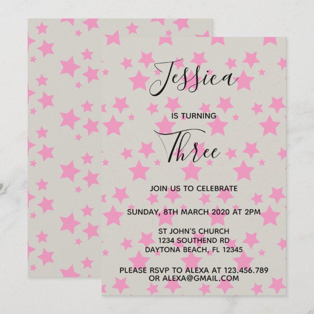 Invitation d'anniversaire Magic Star Grey Pink (Devant / Derrière)