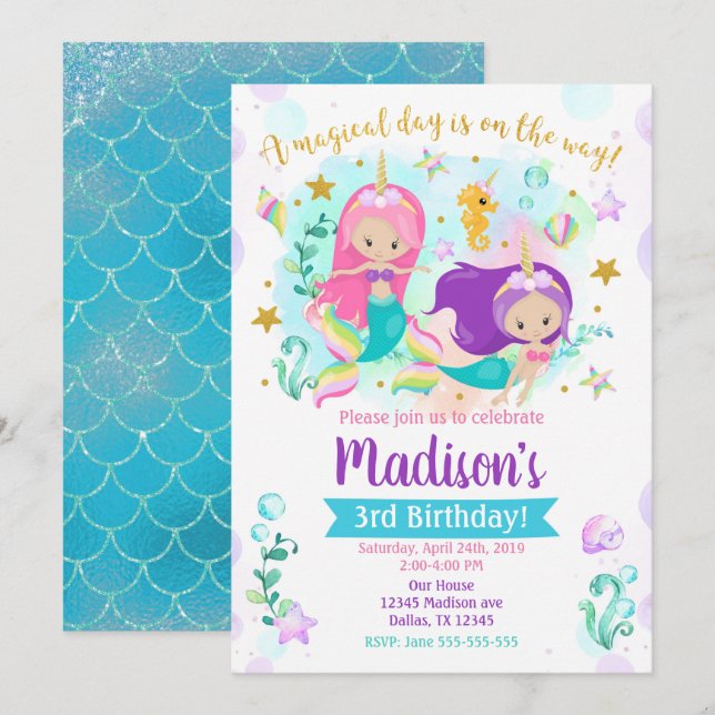Invitation d'anniversaire Mermaid / Fête de la pis (Devant / Derrière)