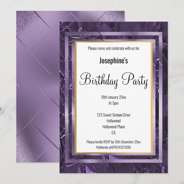 INVITATION D'ANNIVERSAIRE MÉTALLIQUE EN COUCHE DE  (Devant / Derrière)