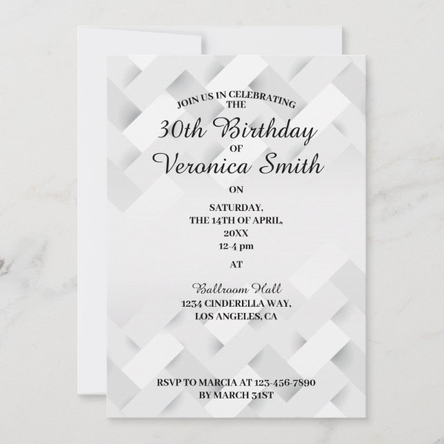 Invitation d'anniversaire minimale en noir et blan (Devant)