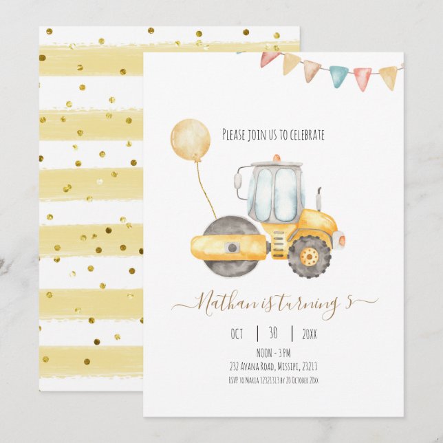 Invitation d'anniversaire minimaliste du tracteur (Devant / Derrière)