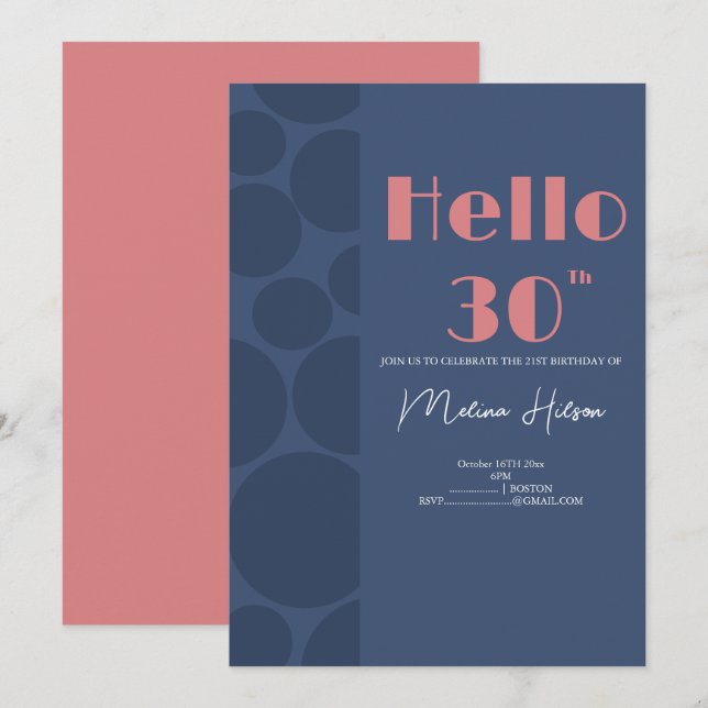 Invitation d'anniversaire moderne bleu et rose (Devant / Derrière)