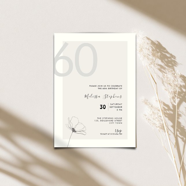 Invitation d'anniversaire moderne pour 60 ans - St (Elegant 60th birthday invitation for woman with hand drawn flower.)