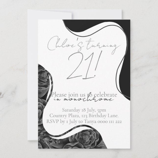 Invitation d'anniversaire monochrome - noir et bla (Devant)