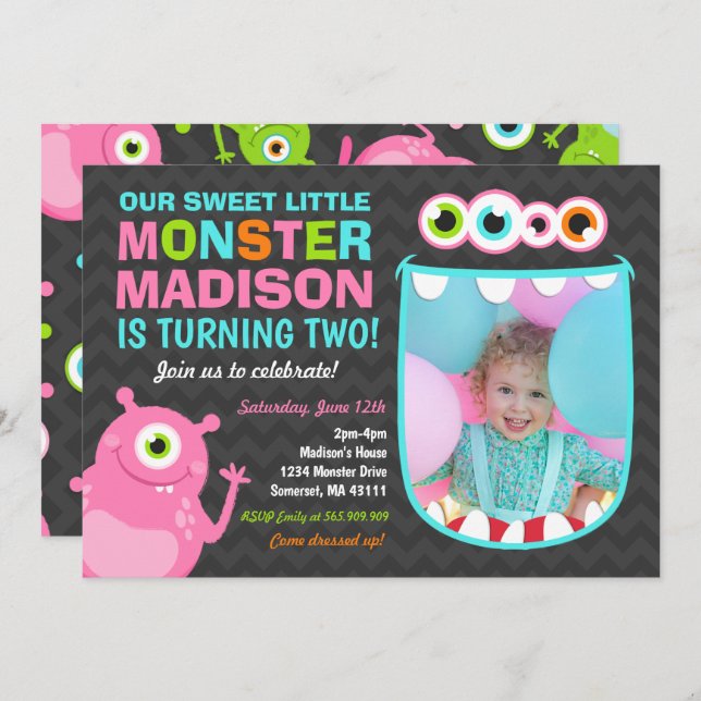 Invitation d'anniversaire Monster Pink Monster Par (Devant / Derrière)