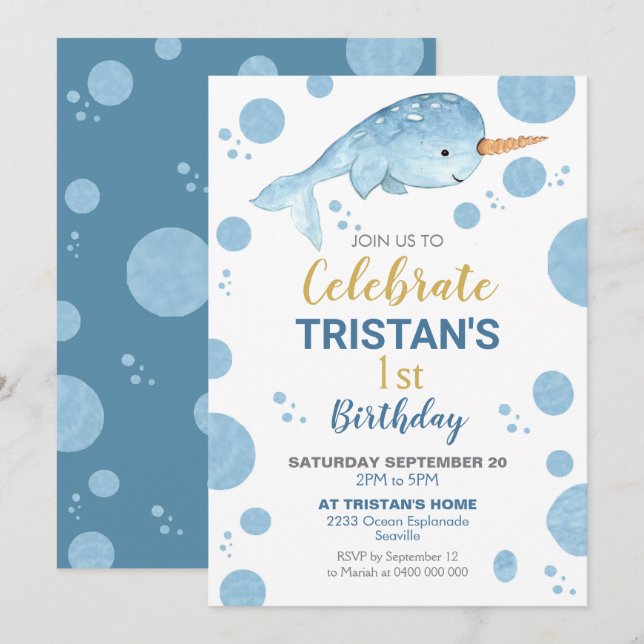Invitation d'anniversaire Narwhal Garçon 1er anniv (Devant / Derrière)