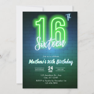Invitation d'anniversaire néon seizième