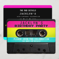 Invitation d'anniversaire néon sur cassette rétro 