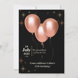 Invitation d'anniversaire - noir avec ballons rose